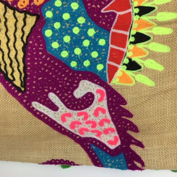 Tropical bright embroidered seahorse pillow covers/burlap with Pom fring-2pc set - Picture 3 of 16